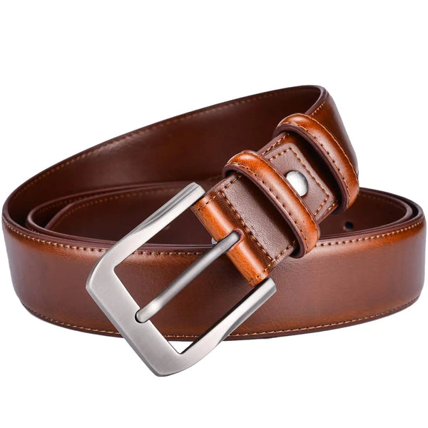 beltox Fine Men’s Casual Leather Jeans Belts 1 1/2” Wide 4MM Thick Alloy Prong Buckle Work Dress Belt for Men Brown Belt With Silver Buckle 30-32