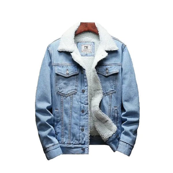 Men Light Blue Winter Jean Jackets Outerwear Warm Denim Coats