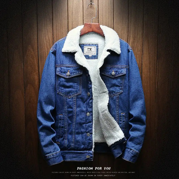 Men Light Blue Winter Jean Jackets Outerwear Warm Denim Coats