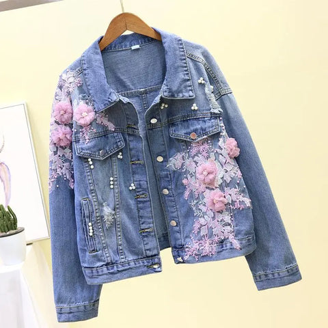 Autumn Women Embroidery Three-dimensional Floral Jeans Jacket Beading Pearl Ripped Hole Bomber