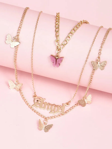 Fashion Letter Angel Necklace With Acrylic Butterfly Multilayer Choker