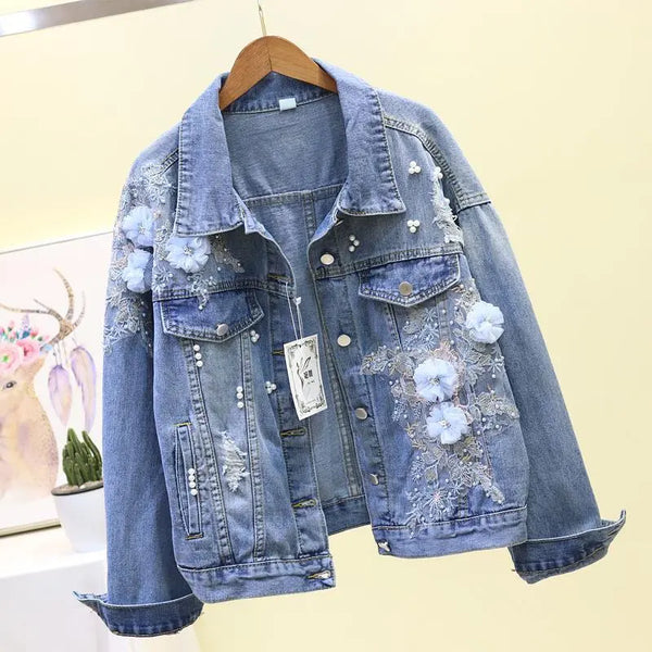 Autumn Women Embroidery Three-dimensional Floral Jeans Jacket Beading Pearl Ripped Hole Bomber