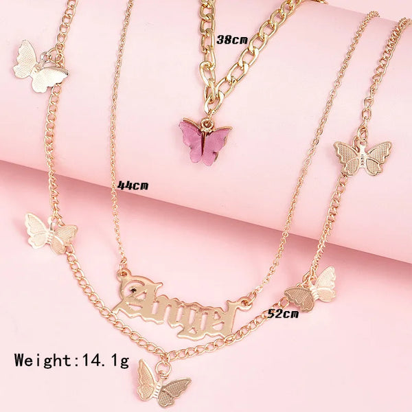 Fashion Letter Angel Necklace With Acrylic Butterfly Multilayer Choker