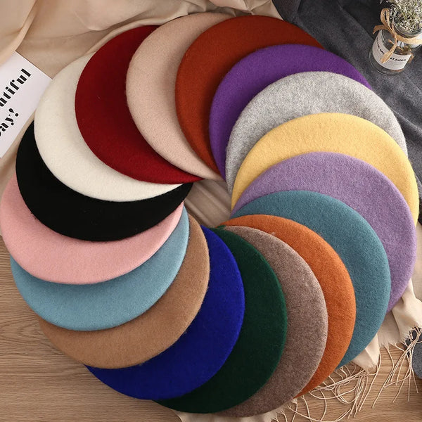 100% Wool Beret Hat Women Solid Flat Berets Autum Winter Warm French Elegant Artist Beret Ladies Fashion Vintage Painter Cap