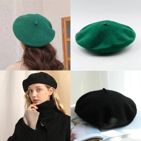 100% Wool Beret Hat Women Solid Flat Berets Autum Winter Warm French Elegant Artist Beret Ladies Fashion Vintage Painter Cap