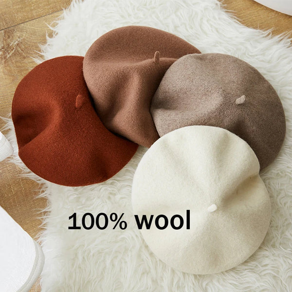 100% Wool Beret Hat Women Solid Flat Berets Autum Winter Warm French Elegant Artist Beret Ladies Fashion Vintage Painter Cap