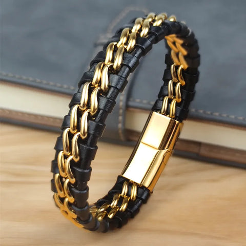 Genuine Leather Chain Bracelet for Men Magnetic Stainless Steel Clasp in Plated Gold   Gift