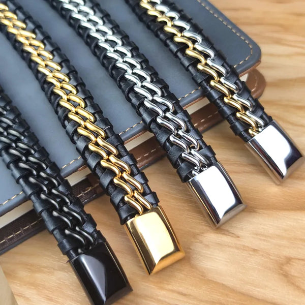 Genuine Leather Chain Bracelet for Men Magnetic Stainless Steel Clasp in Plated Gold   Gift