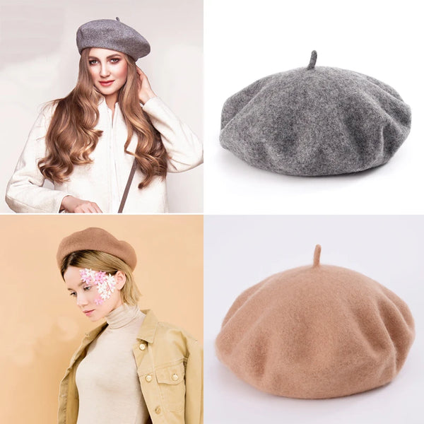 100% Wool Beret Hat Women Solid Flat Berets Autum Winter Warm French Elegant Artist Beret Ladies Fashion Vintage Painter Cap