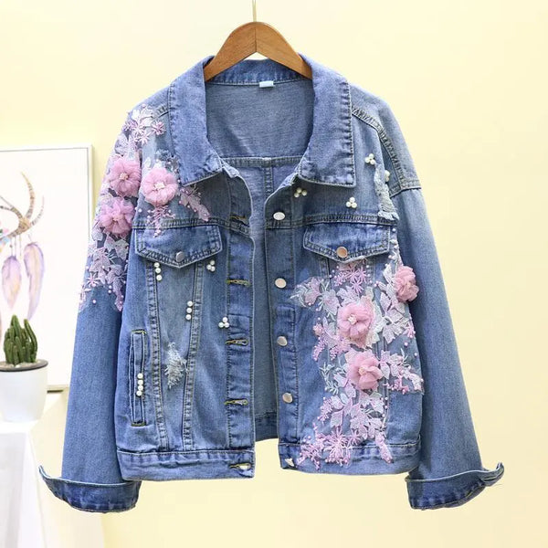 Autumn Women Embroidery Three-dimensional Floral Jeans Jacket Beading Pearl Ripped Hole Bomber