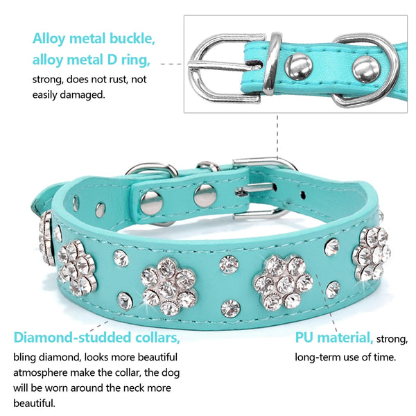 Dog Rhinestone Dog Collar Diamante Leather  Pet Necklace Bling Crystal Studded Cat Collars Pink Red For Small Medium Dogs or Cats