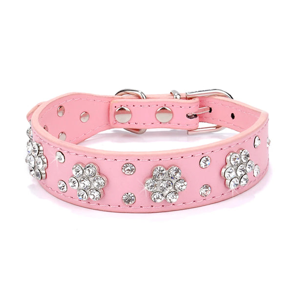 Dog Rhinestone Dog Collar Diamante Leather  Pet Necklace Bling Crystal Studded Cat Collars Pink Red For Small Medium Dogs or Cats