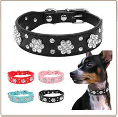 Dog Rhinestone Dog Collar Diamante Leather  Pet Necklace Bling Crystal Studded Cat Collars Pink Red For Small Medium Dogs or Cats