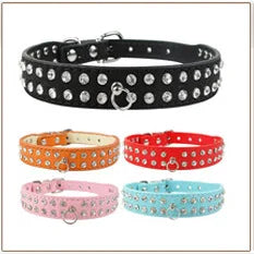 Dog Rhinestone Dog Collar Diamante Leather  Pet Necklace Bling Crystal Studded Cat Collars Pink Red For Small Medium Dogs or Cats