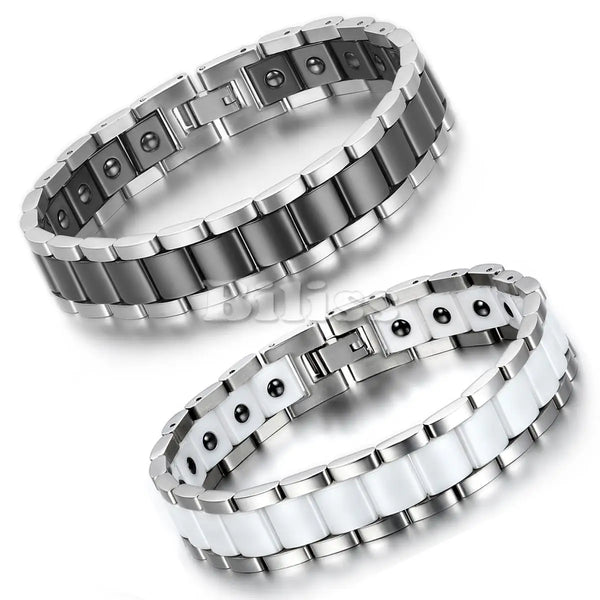 Black/White Ceramic Magnetic Stone Therapy Health Stainless Steel Bracelets   20.5*13 mm