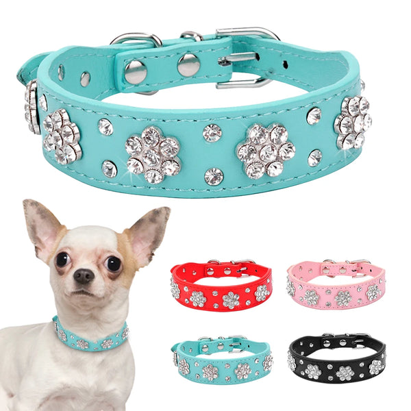 Dog Rhinestone Dog Collar Diamante Leather  Pet Necklace Bling Crystal Studded Cat Collars Pink Red For Small Medium Dogs or Cats