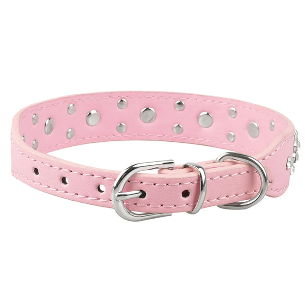 Dog Rhinestone Dog Collar Diamante Leather  Pet Necklace Bling Crystal Studded Cat Collars Pink Red For Small Medium Dogs or Cats