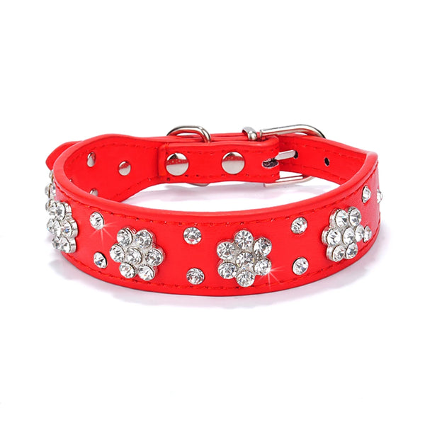 Dog Rhinestone Dog Collar Diamante Leather  Pet Necklace Bling Crystal Studded Cat Collars Pink Red For Small Medium Dogs or Cats