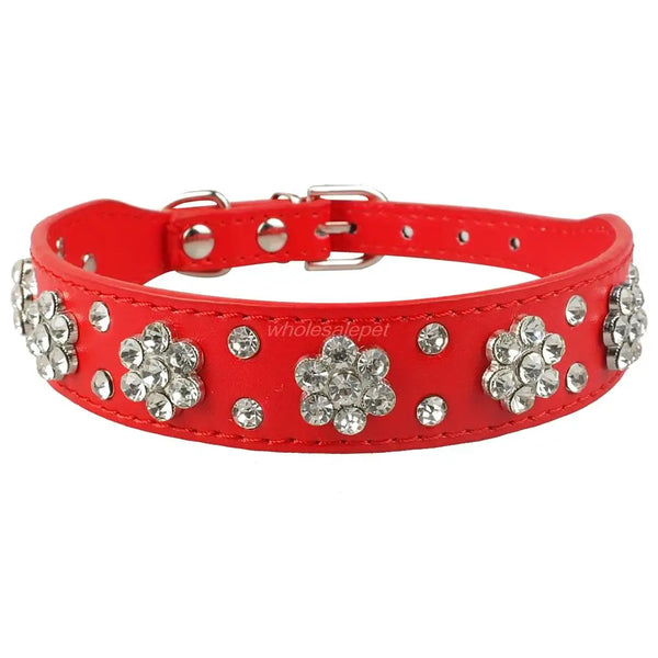 Dog Rhinestone Dog Collar Diamante Leather  Pet Necklace Bling Crystal Studded Cat Collars Pink Red For Small Medium Dogs or Cats