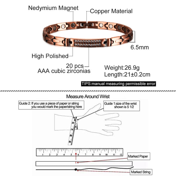 Pure Copper Magnetic Bracelet for Women Arrow Cubic Zirconia ID Bracelets Magnetic Therapy   Arthritis Health