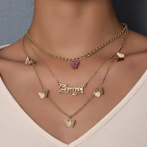 Fashion Letter Angel Necklace With Acrylic Butterfly Multilayer Choker