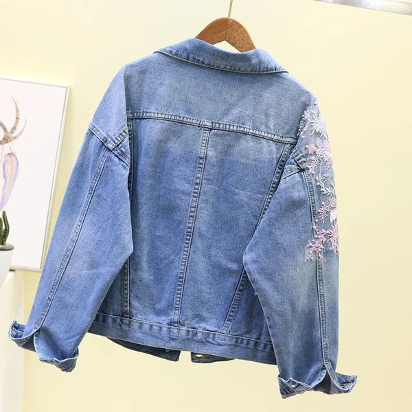 Autumn Women Embroidery Three-dimensional Floral Jeans Jacket Beading Pearl Ripped Hole Bomber