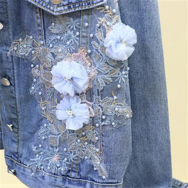 Autumn Women Embroidery Three-dimensional Floral Jeans Jacket Beading Pearl Ripped Hole Bomber