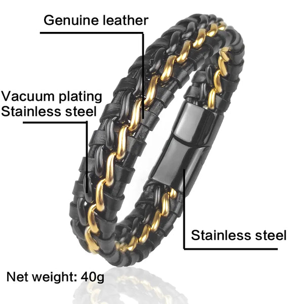 Genuine Leather Chain Bracelet for Men Magnetic Stainless Steel Clasp in Plated Gold   Gift