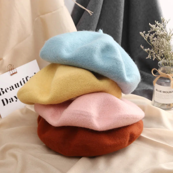 100% Wool Beret Hat Women Solid Flat Berets Autum Winter Warm French Elegant Artist Beret Ladies Fashion Vintage Painter Cap