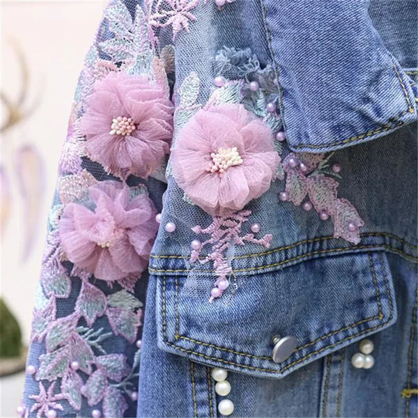 Autumn Women Embroidery Three-dimensional Floral Jeans Jacket Beading Pearl Ripped Hole Bomber