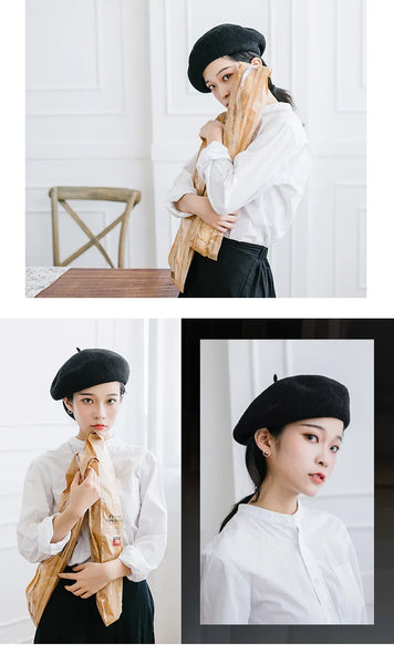 100% Wool Beret Hat Women Solid Flat Berets Autum Winter Warm French Elegant Artist Beret Ladies Fashion Vintage Painter Cap