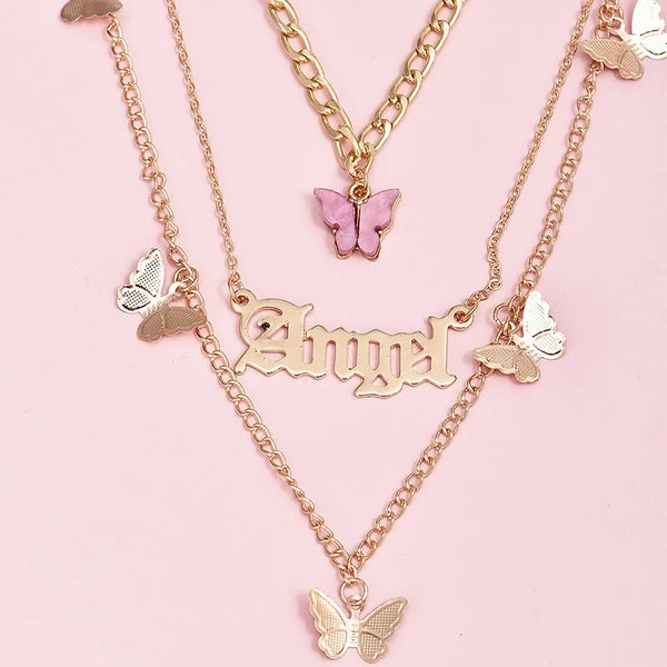 Fashion Letter Angel Necklace With Acrylic Butterfly Multilayer Choker