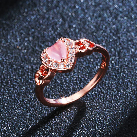 European and American Popular Heart-Shaped Pink Crystal Rose Gold Ring