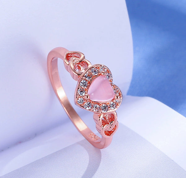 European and American Popular Heart-Shaped Pink Crystal Rose Gold Ring