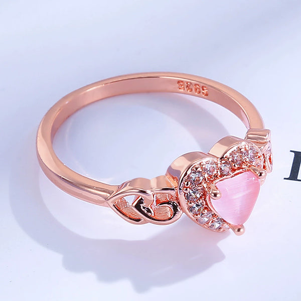 European and American Popular Heart-Shaped Pink Crystal Rose Gold Ring