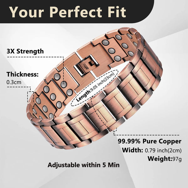 3X Strength Pure Copper Magnetic Bracelet with 3 Row Neodymium Magnets Adjustable Length Gifts for Men