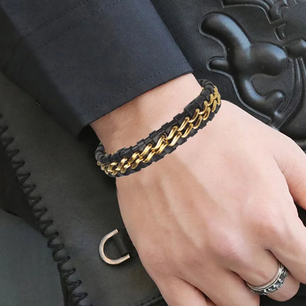 Genuine Leather Chain Bracelet for Men Magnetic Stainless Steel Clasp in Plated Gold   Gift