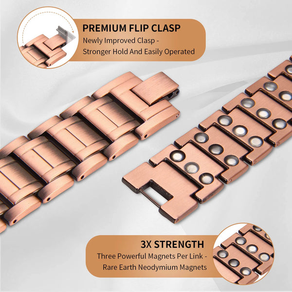 3X Strength Pure Copper Magnetic Bracelet with 3 Row Neodymium Magnets Adjustable Length Gifts for Men