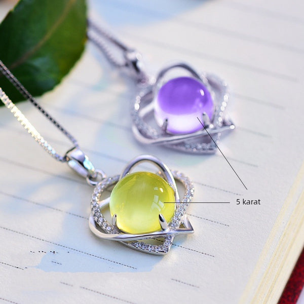 Taotao Heart-Shaped Crystal Women's Engraved Silver Prehnite