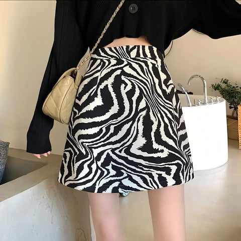 Korean Zebra Print Midi Skirt Women Autumn New Female A-line High Waist Loose Skirts Vintage Mini Skirt