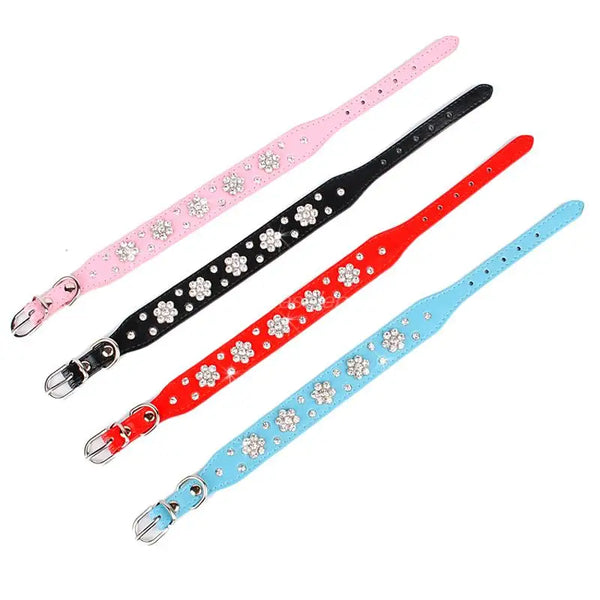 Dog Rhinestone Dog Collar Diamante Leather  Pet Necklace Bling Crystal Studded Cat Collars Pink Red For Small Medium Dogs or Cats