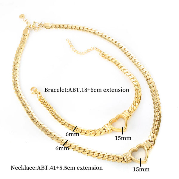 Fashion Gold-Plated Waterproof Stainless Steel Jewelry Set   Luxury Love Heart Shape Chain Necklace and Bracelet Set