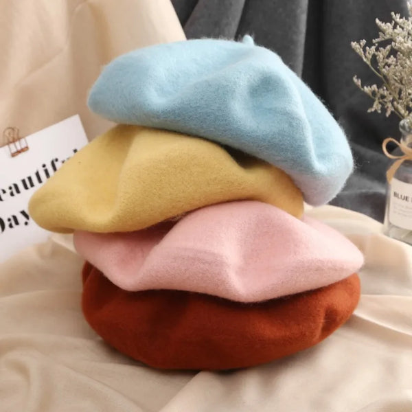 100% Wool Beret Hat Women Solid Flat Berets Autum Winter Warm French Elegant Artist Beret Ladies Fashion Vintage Painter Cap