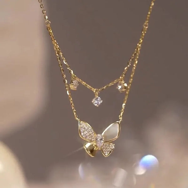 Zircon Inlaid Golden Butterfly Pendant Double Layer Necklace Personality Fashion Necklace  Gifts