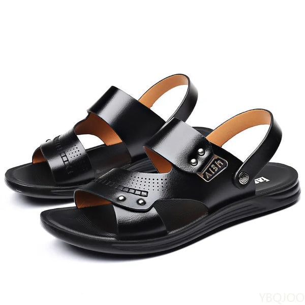 Fashion Men's  Summer Retro Leather Non-slip Beach Slip-on Sandals Travel Flip-flops Slippers Black Brown