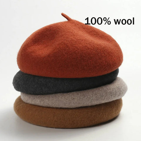 100% Wool Beret Hat Women Solid Flat Berets Autum Winter Warm French Elegant Artist Beret Ladies Fashion Vintage Painter Cap