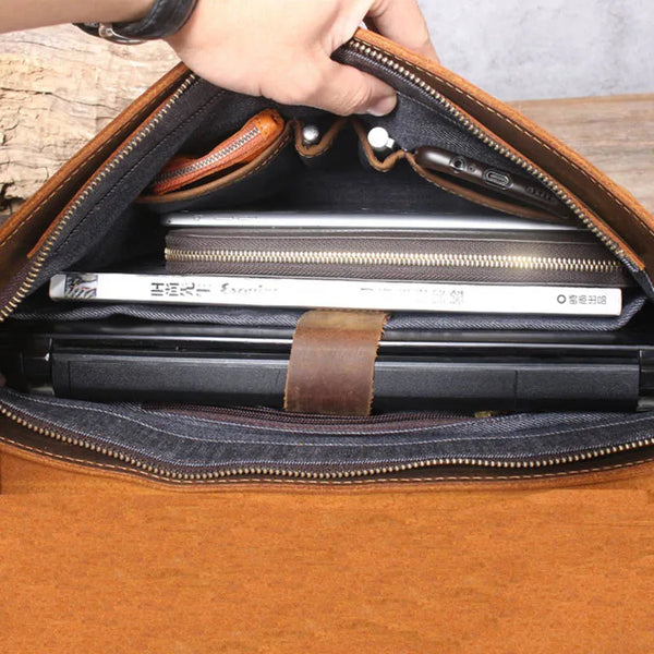 Genuine Leather A4 File Document Briefcase Soft Cow Leather Laptop Business Shoulder Bag