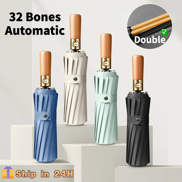 Windproof  Waterproof 32 Bone Business Luxury Umbrella Fully Automatic Wooden Handle, Large Folding,