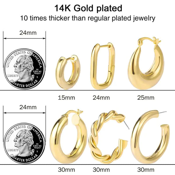 6 Pairs Chunky Gold Hoop Earrings Set for Women 14K Gold Plated Hypoallergenic Thick Open Huggie Hoop Set Jewelry for Gifts 01-Gold