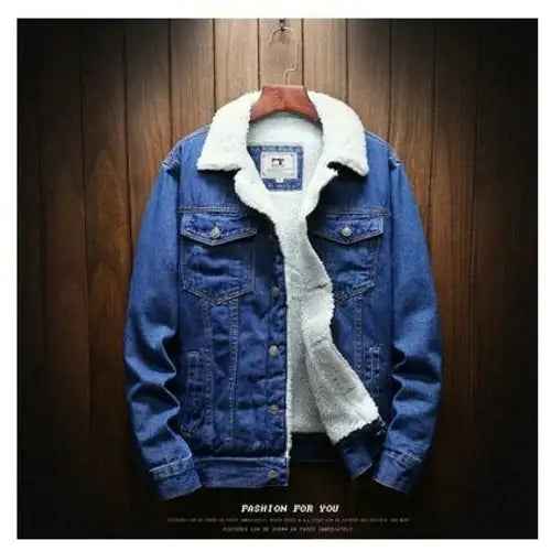 Men Light Blue Winter Jean Jackets Outerwear Warm Denim Coats